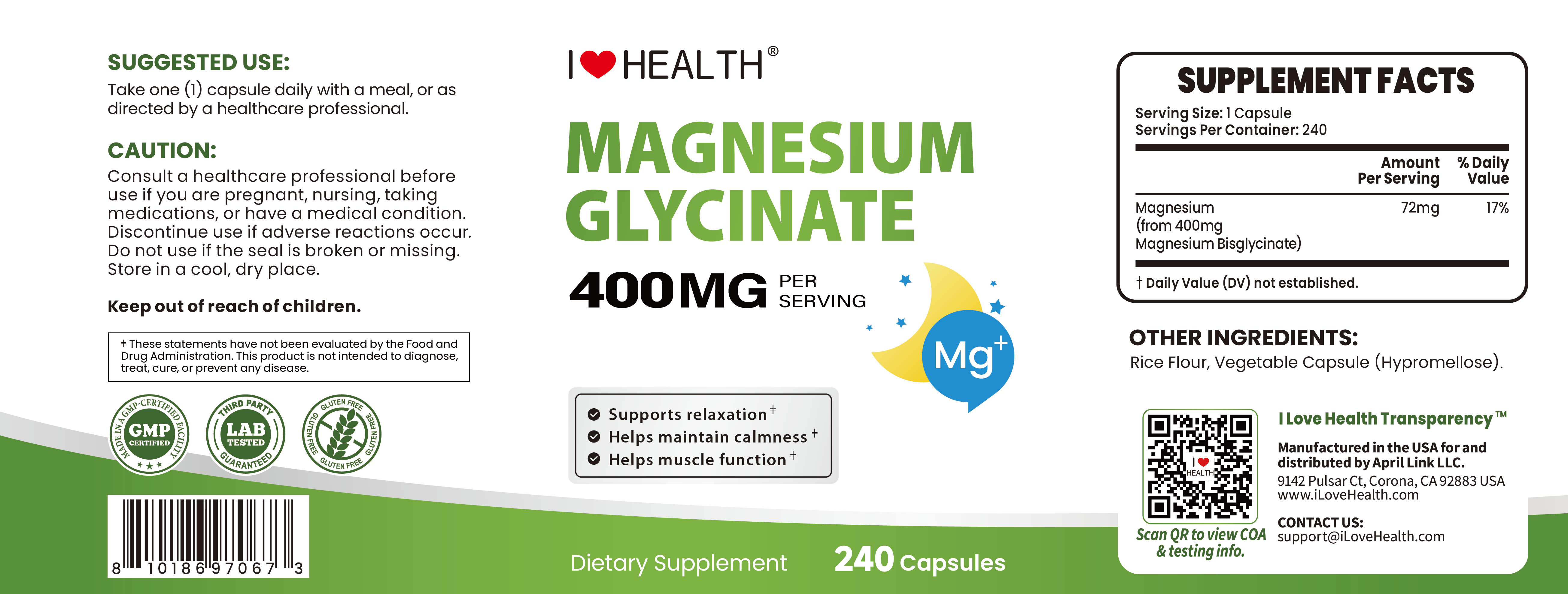 Magnesium Glycinate 240 Capsules High Absorption Supplement