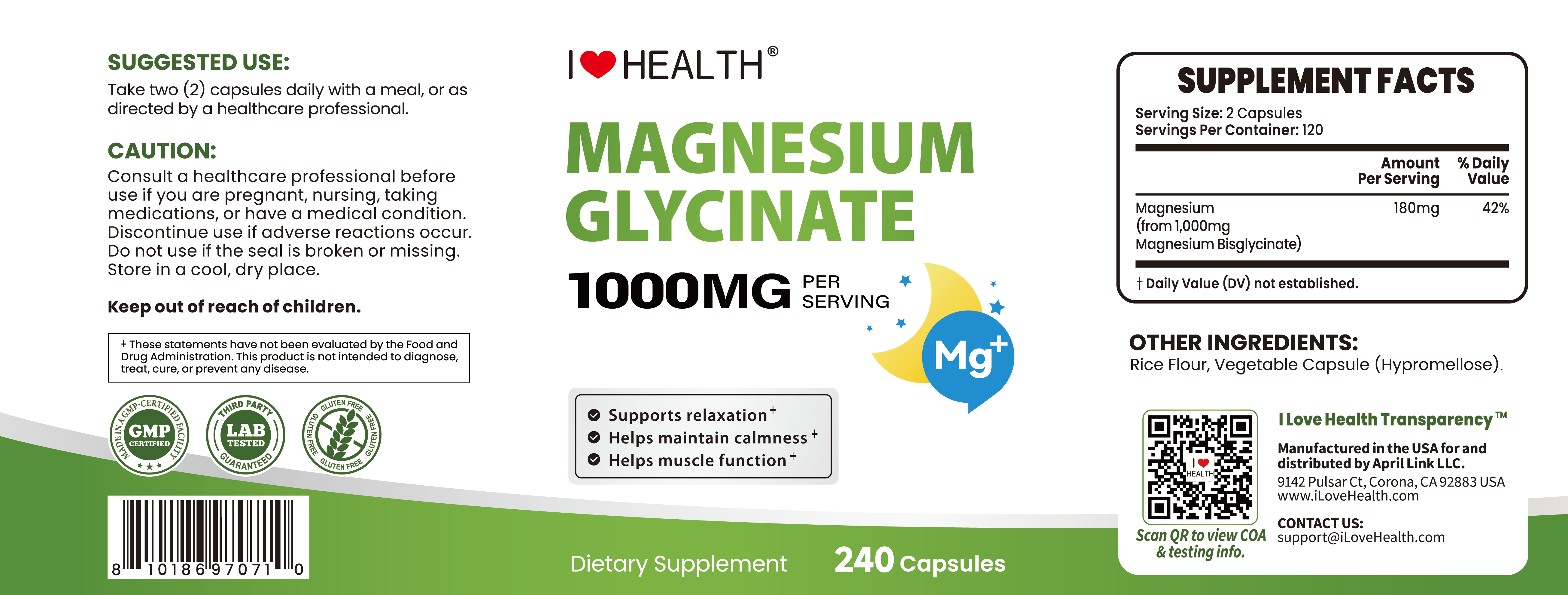 Magnesium Glycinate 240 Capsules High Absorption Supplement