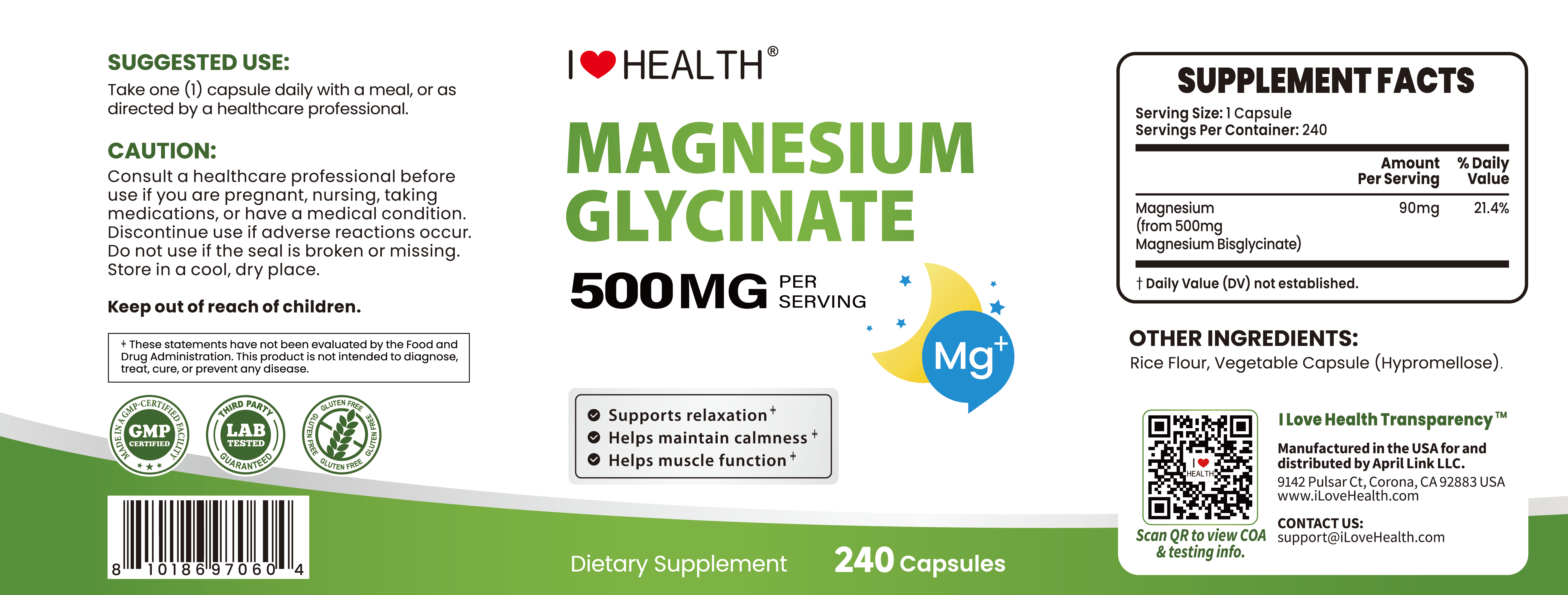 Magnesium Glycinate 240 Capsules High Absorption Supplement