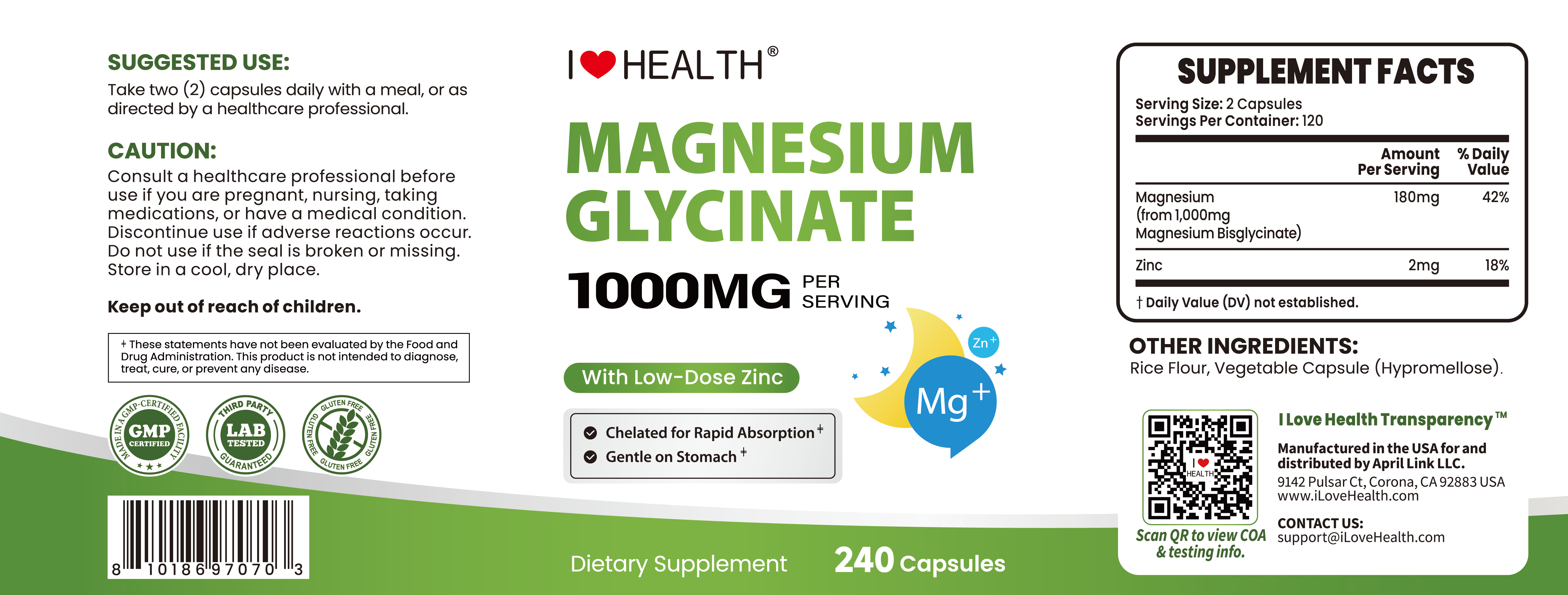 Magnesium Glycinate 240 Capsules High Absorption Supplement