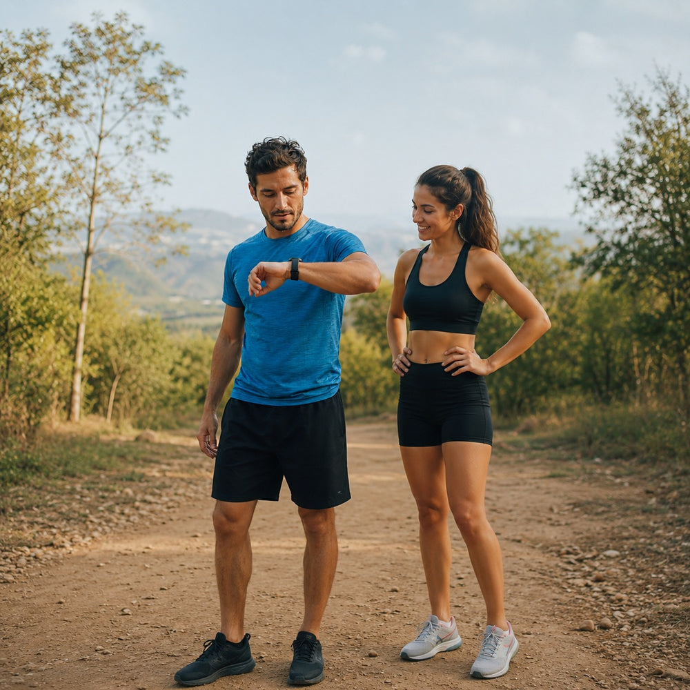 Man and woman in athletic wear standing on a dirt path with trees and mountains in the background