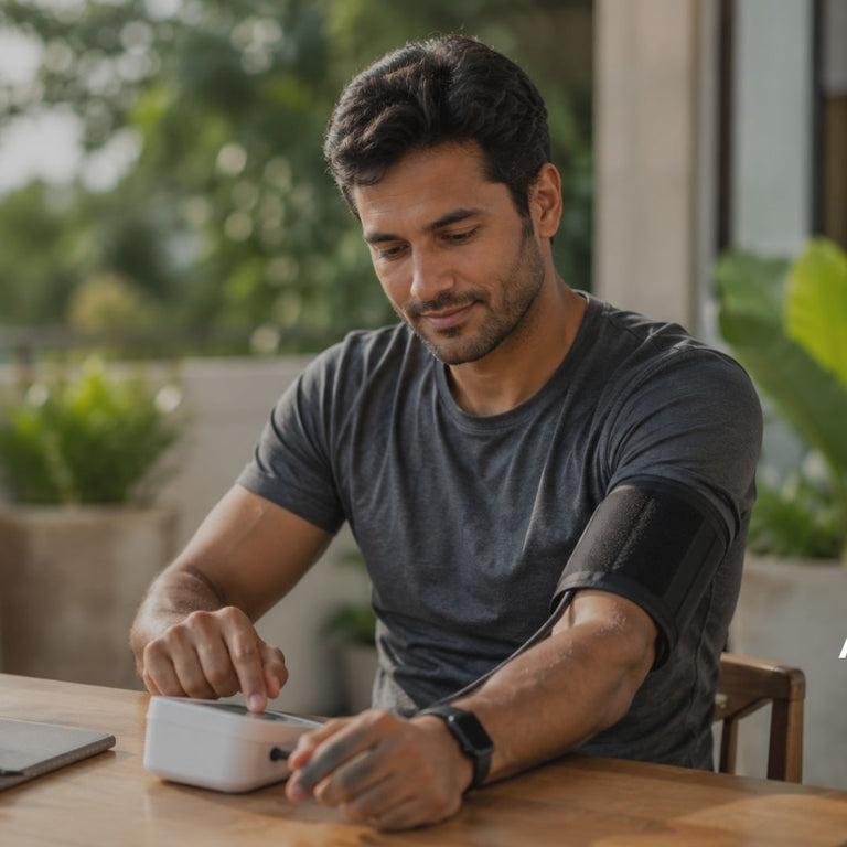 Man using a health monitor device at patio table outdoors.
