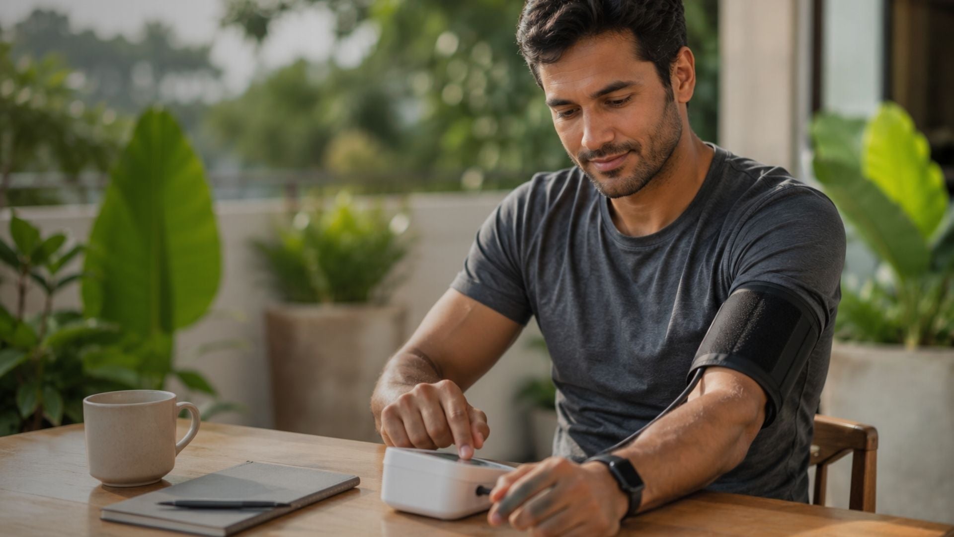 Man using a health monitor device at patio table outdoors.
