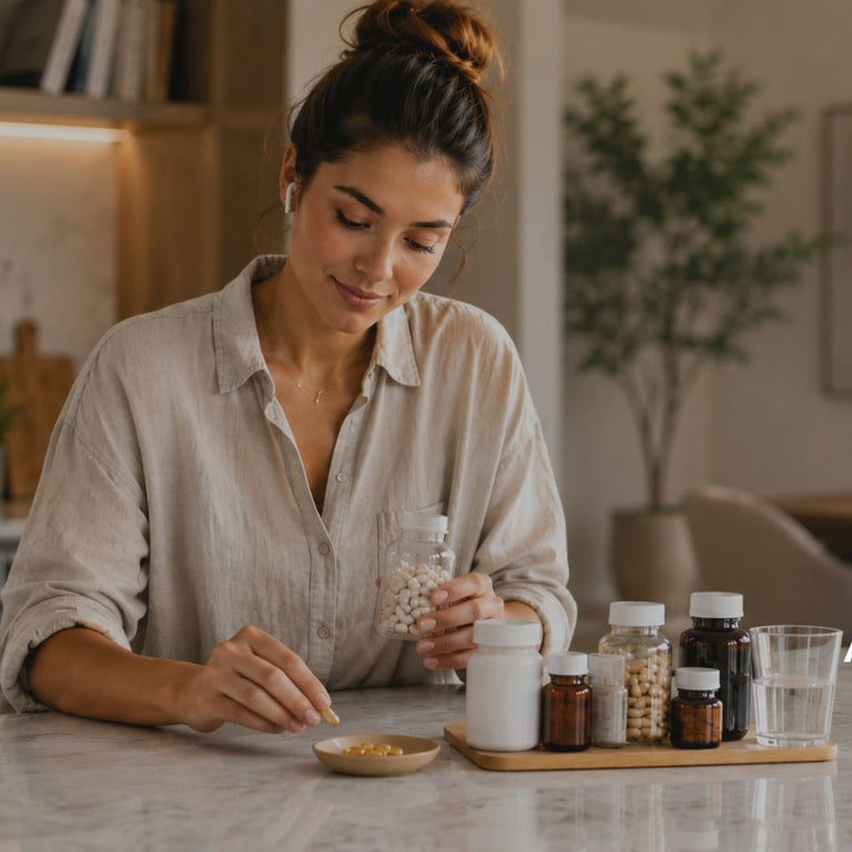 Woman in a kitchen preparing food with various bottles on the counter