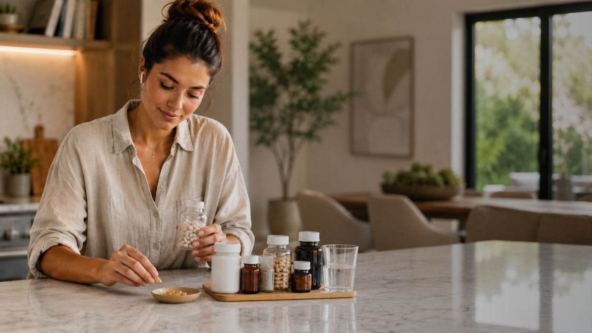 Woman in a kitchen preparing food with various bottles on the counter