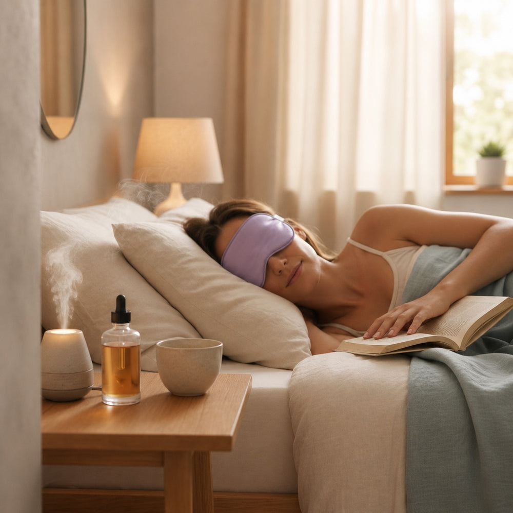 Woman lying in bed with a sleep mask, reading a book, in a cozy bedroom setting.